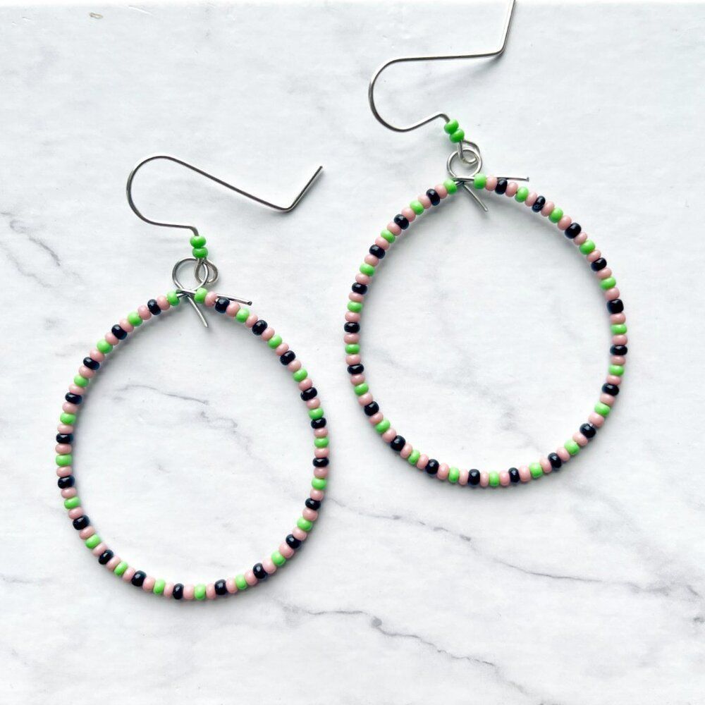 Watermelon Hand Beaded Tear Drop Earrings